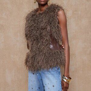 Brown Elegant Women's Fluffy Patchwork Sleeveless Faux Fur Coat